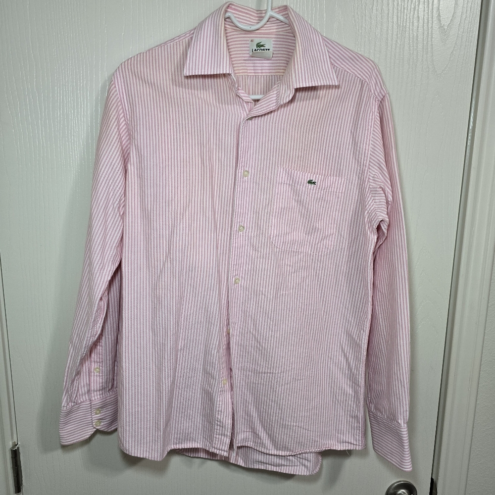 Men Lacoste Oxford Pink White dress shirt size‎ 40 100% cotton used